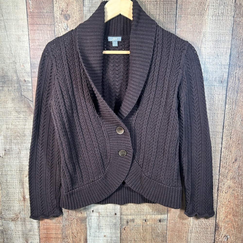 J. Jill Brown Cotton Blend Pointelle Knit Shawl Collar Cardigan Sweater Small S